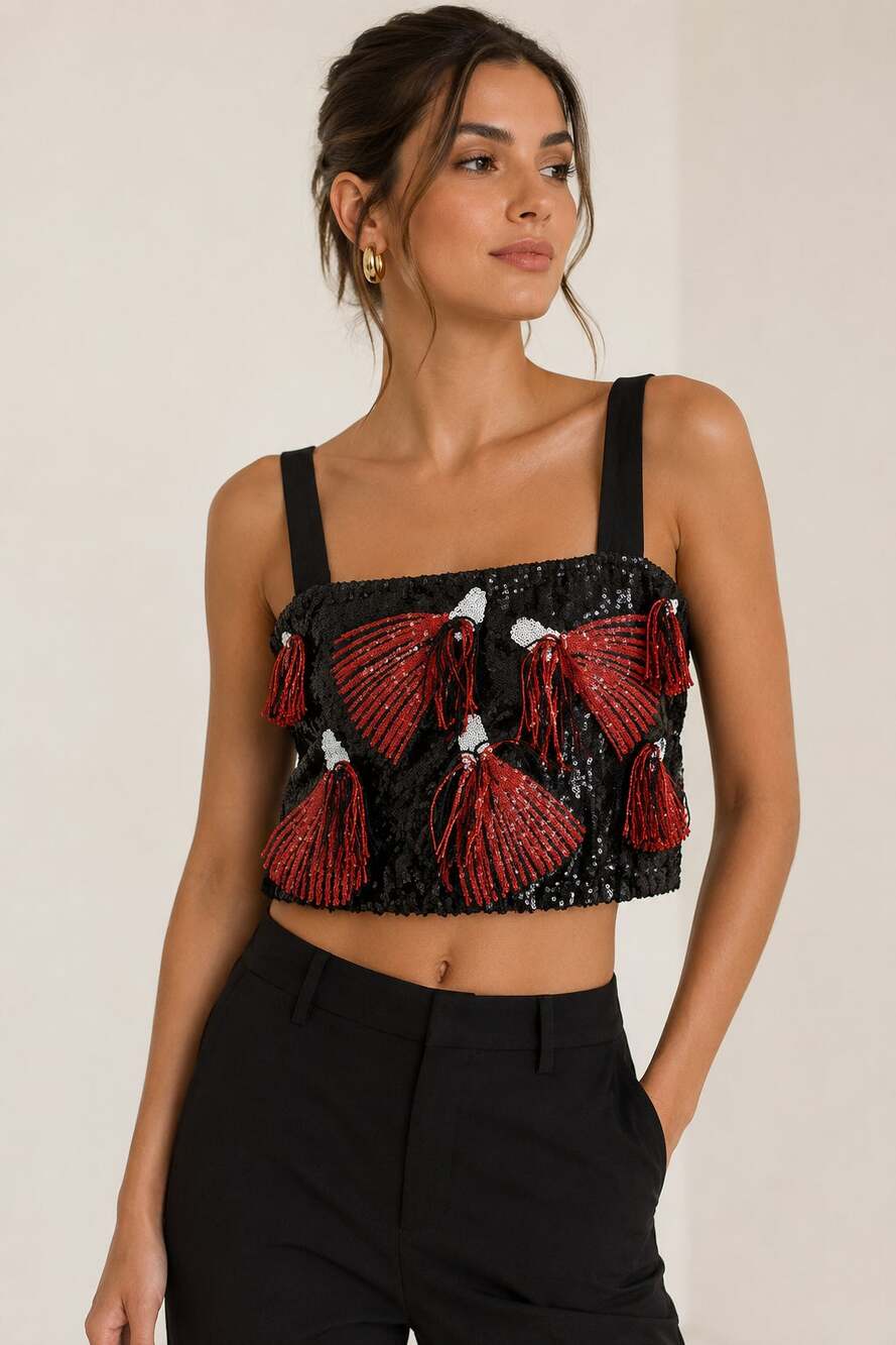 Queen of Sparkles Sequin Tassel Crop Top Black Red XS